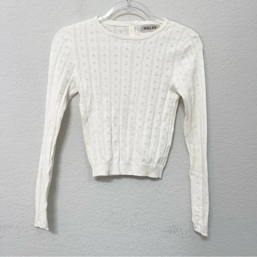 Rollas Pointelle Long Sleeve Cropped Top Ivory Size XS
